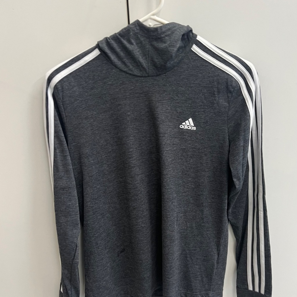 Adidas- Women's Charcoal Gray/White (3) Stripe Long Sleeve Tee with Hoodie - Picture 9 of 11